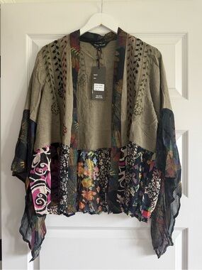 Young Threads Olive Printed Embroidered Embellished Boho Kimono NWT